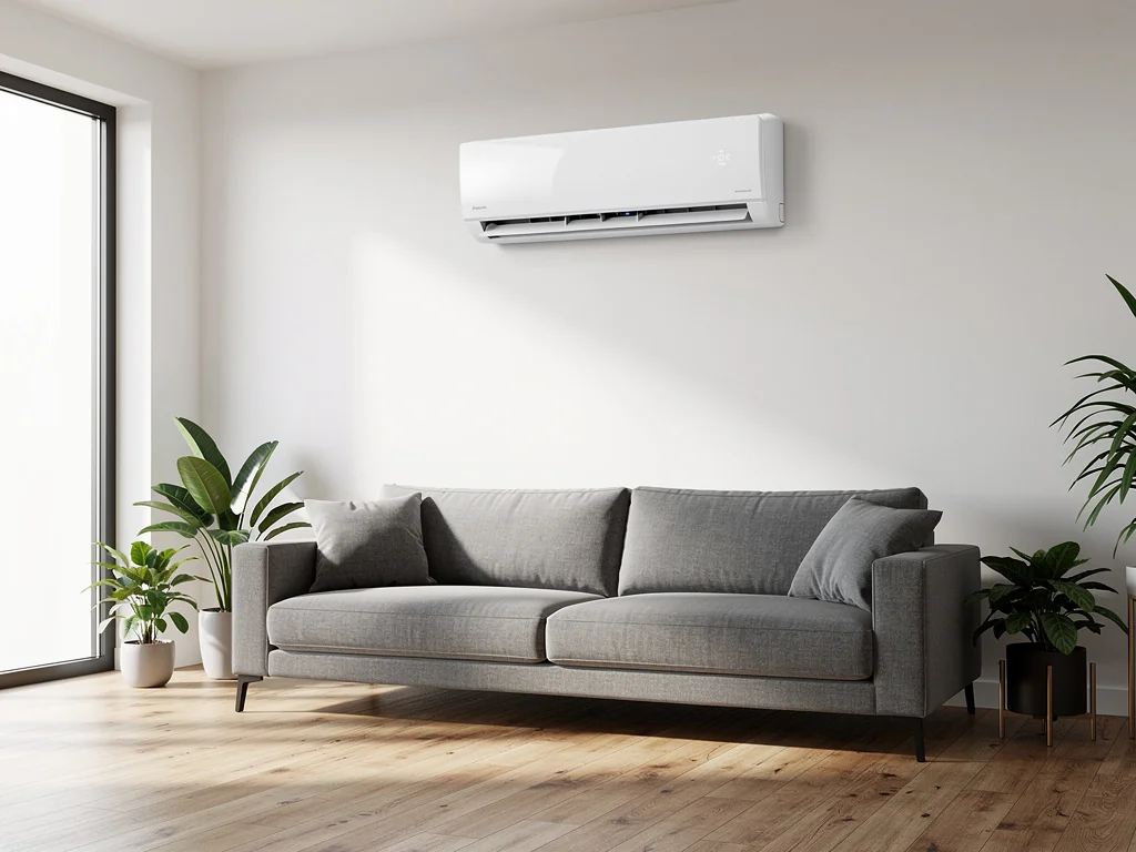 Climatiseur mural posé au-dessus d'un canapé dans un salon clair
