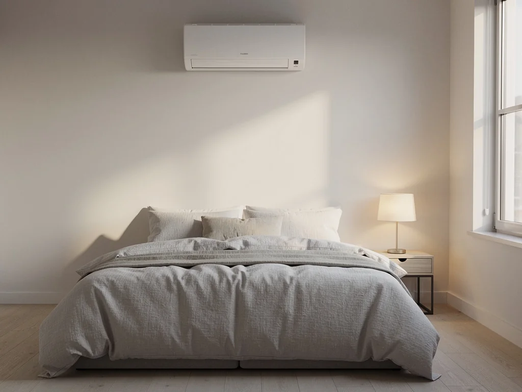 Unité intérieure de climatisation fixée en haut d'un mur de chambre