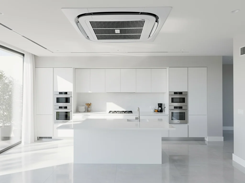 Grille de climatisation gainable encastrée au plafond d'une cuisine ouverte