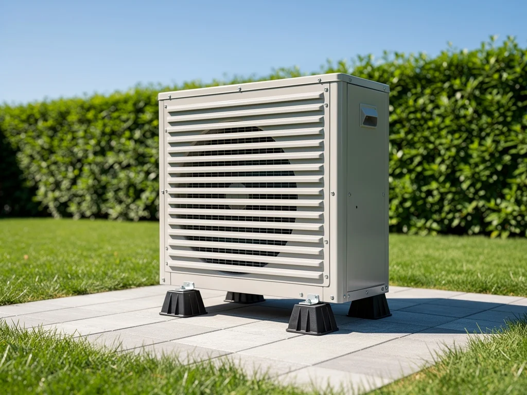 Groupe extérieur de climatisation installé au fond d'un jardin, à distance des fenêtres