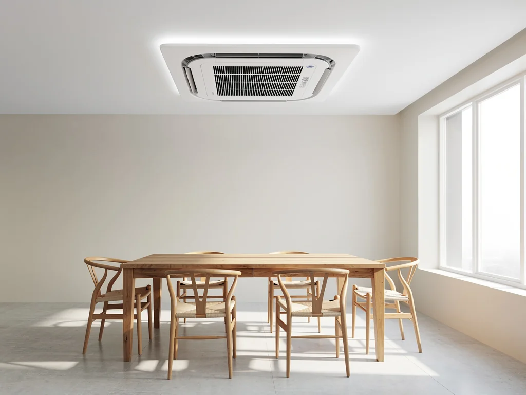 Cassette de climatisation encastrée au plafond d'une salle à manger